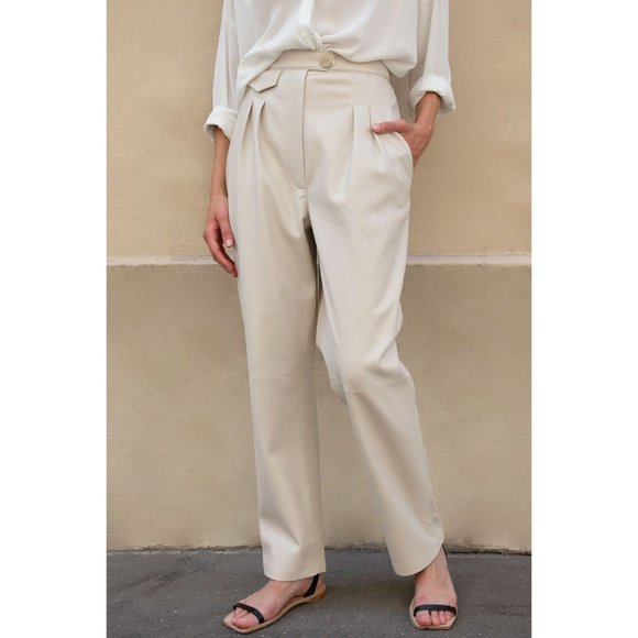 Nanushka "Mitsu" Faux-Leather Pants in Beige, size XL - Picture 1 of 10